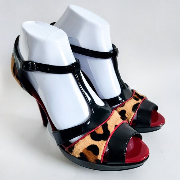 Moda Spana Leopard Strappy 4" Heels Open Toe Women's Size 7.5 T-Strap Mary Janes - Picture 1 of 10